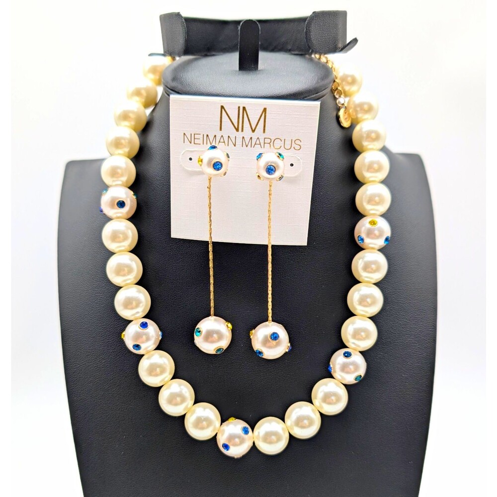 Neiman Marcus Imitation Pearl Necklace & Drop Earrings Set Gold Tone Rhinestone